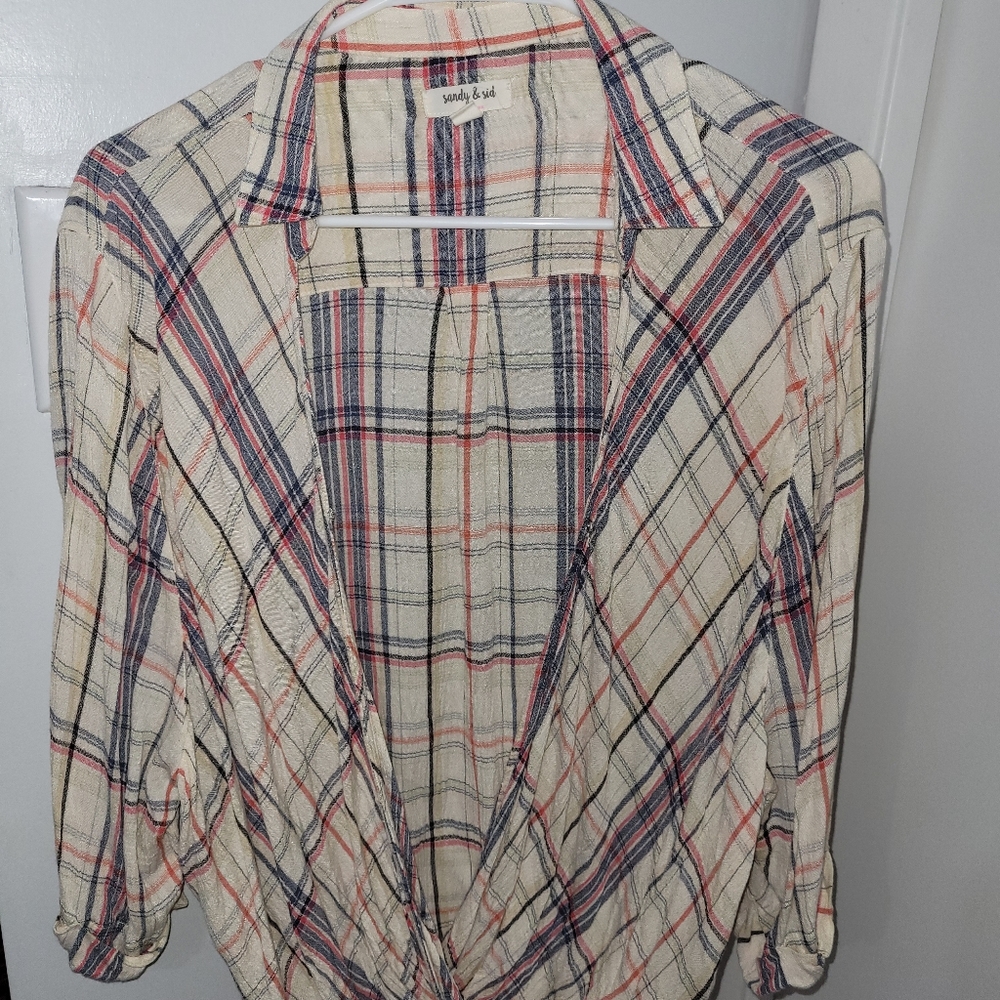Sandy & Sid plaid 3/4 sleeve open shirt